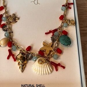 NWT House of Harlow 1960 Gold Charm Necklace with Seashells, Coral and Turquoise